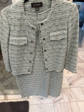 St. John Collection 2-Piece Tweed Knit Dress Jacket Suit Blue Size 6 SP18
